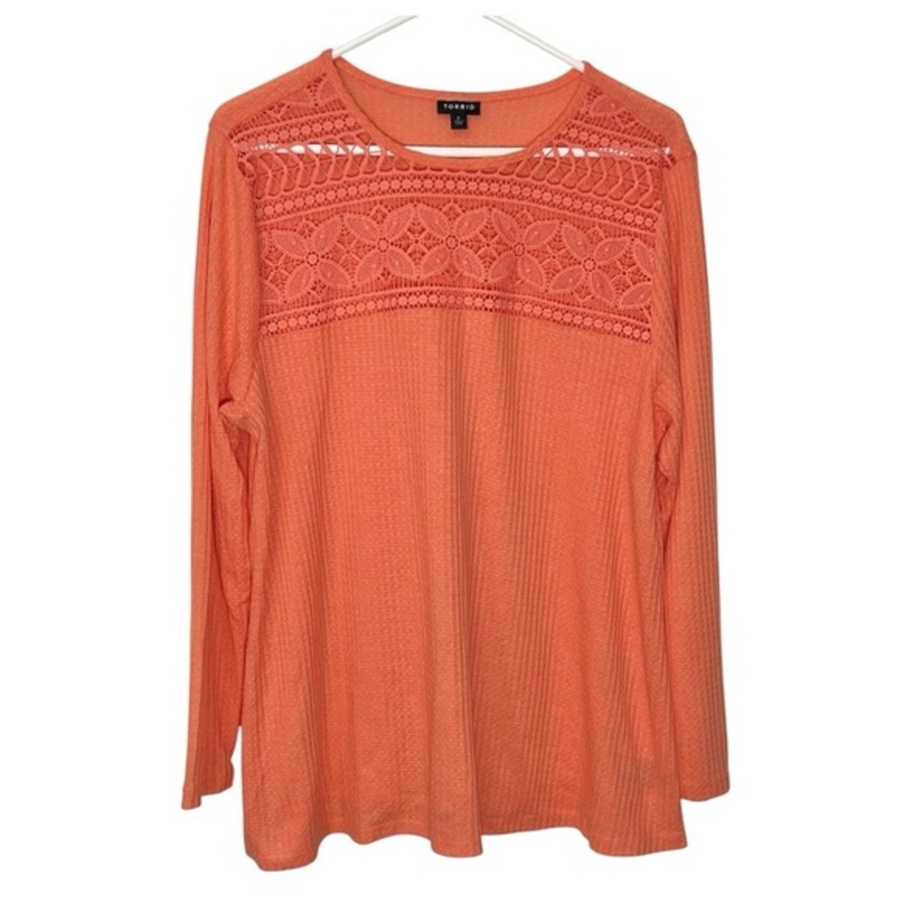 Torrid 0 Coral Orange Waffle Knit Crochet Lace Yoke Long Sleeve Top Romantic